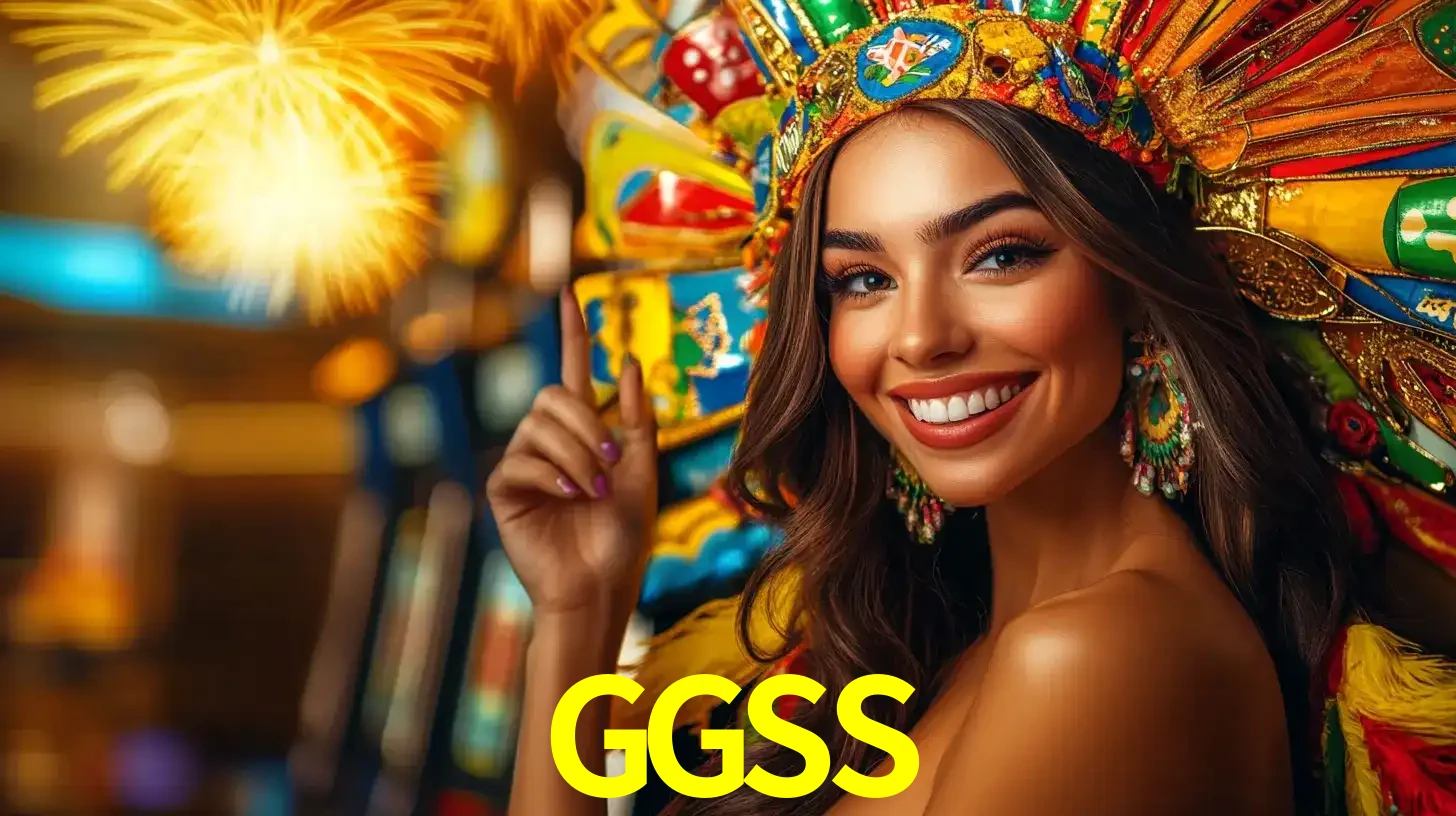 Mulher sorridente com um cocar de carnaval vibrante e colorido, celebrando uma grande vitória nos jogos do cassino GGSS com fogos de artifício ao fundo.