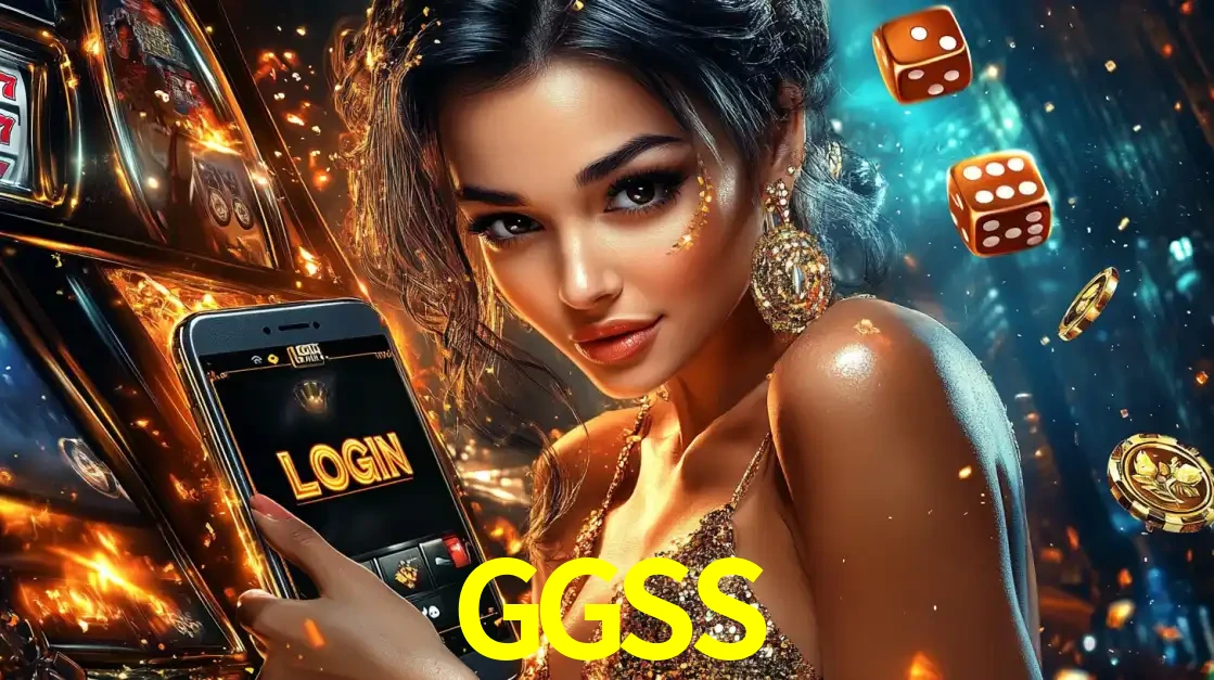 Mulher glamourosa segurando um celular com a tela de login do cassino GGSS, rodeada por dados e moedas douradas, pronta para começar a diversão.