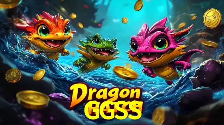Arte promocional do jogo Dragon Hatch com três adoráveis dragões bebês nadando entre moedas de ouro, um dos slots mais divertidos para jogar no cassino GGSS.