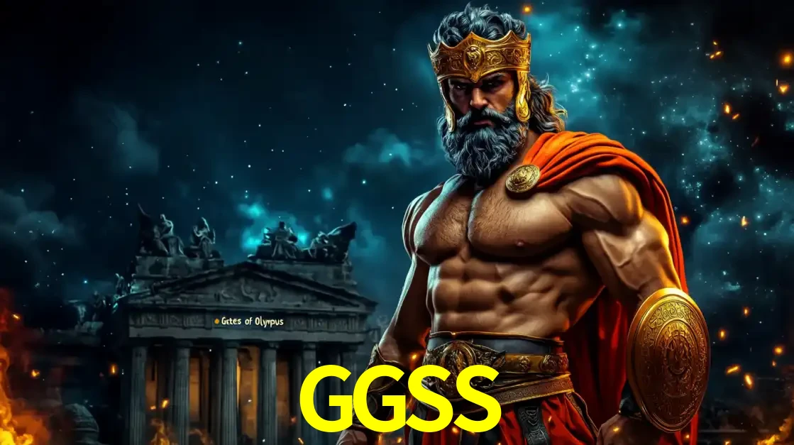 O poderoso Zeus do jogo de slot Gates of Olympus em frente ao seu templo, pronto para lançar multiplicadores divinos e prêmios épicos no cassino online GGSS.