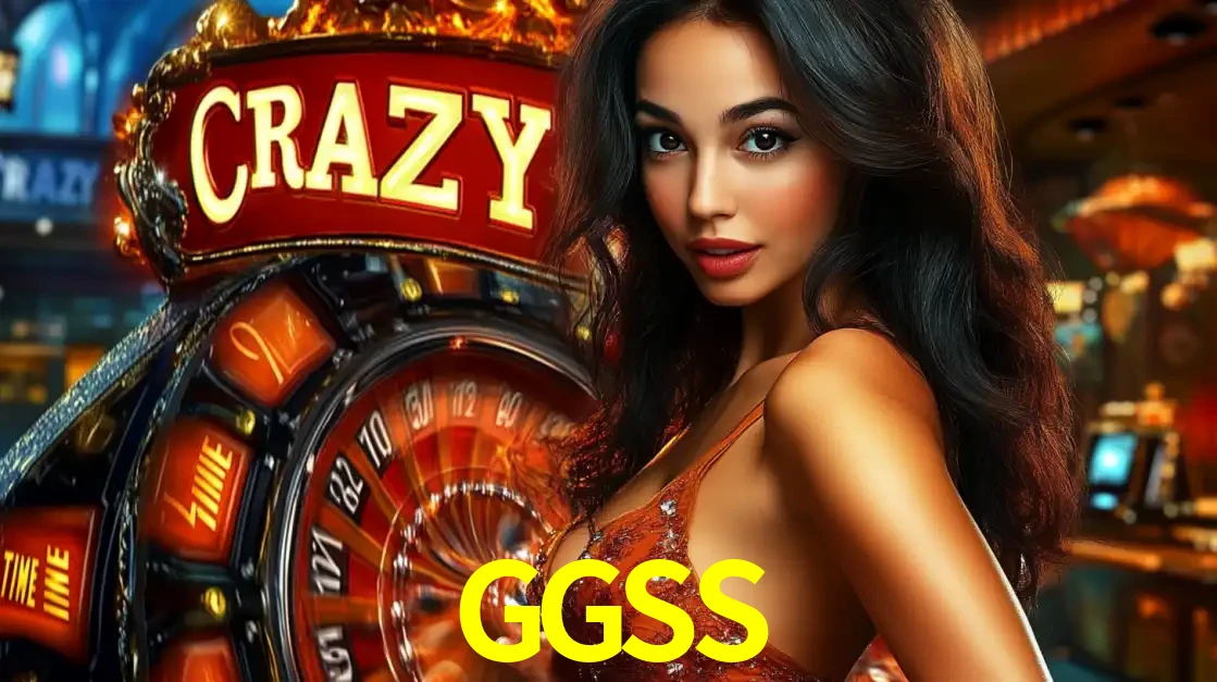 Mulher glamourosa olhando para a câmera com a roda vermelha do Crazy Time ao fundo em um ambiente de cassino, destacando a emoção dos jogos ao vivo no GGSS.