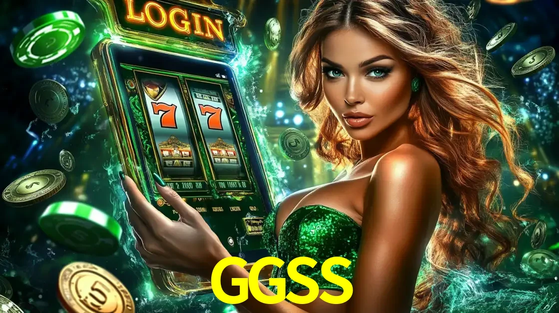 Mulher com tema verde apresentando o aplicativo do cassino GGSS com um jogo de slot de 777, cercada por fichas de cassino e uma aura de sorte.