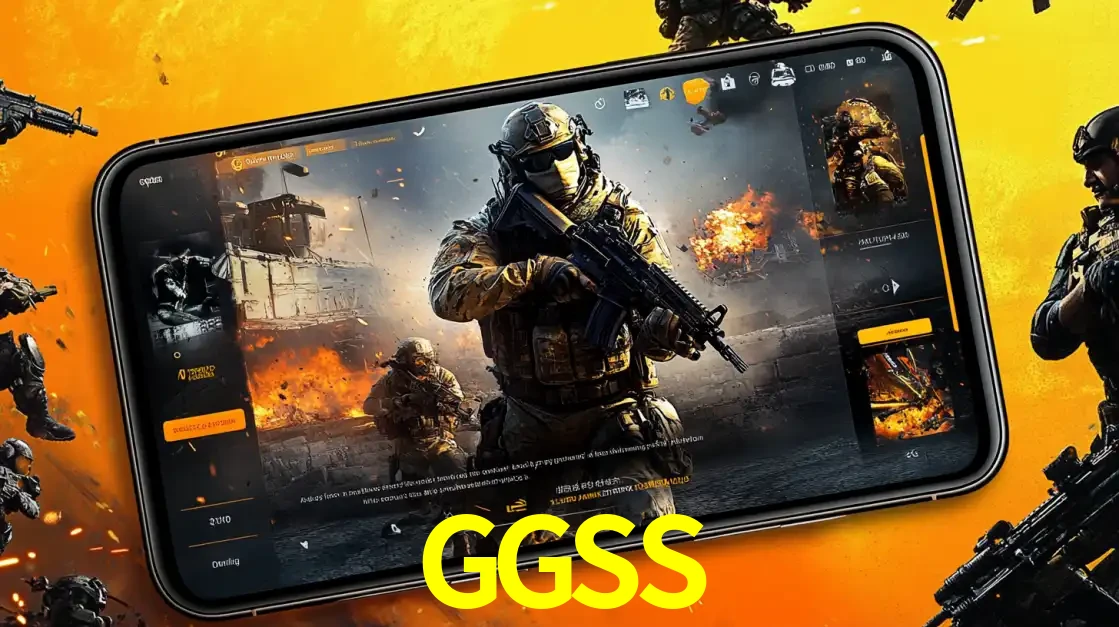Um smartphone exibindo a interface de um jogo de tiro em primeira pessoa, com um soldado em um cenário de batalha, representando a ação dos e-sports para apostar no GGSS.