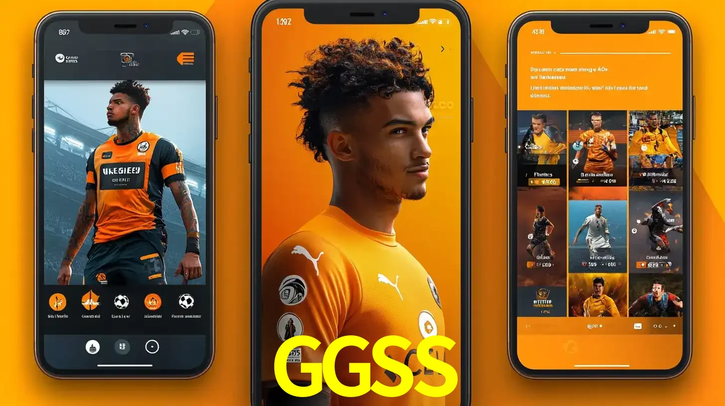 Interface do aplicativo de apostas esportivas GGSS em três telas de celular, mostrando o perfil de um jogador de futebol e a lista de jogos disponíveis para apostar.
