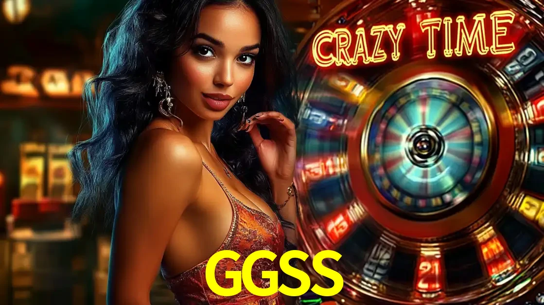 Mulher elegante ao lado da vibrante roda da fortuna do jogo de cassino ao vivo Crazy Time, um dos game shows mais populares e cheios de prêmios do GGSS.