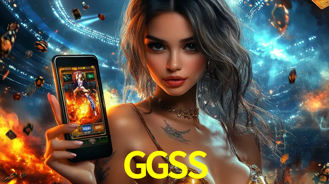 Mulher segurando um celular com um jogo de slot em destaque, tendo como fundo um estádio vibrante, simbolizando a emoção de jogar no cassino móvel GGSS.
