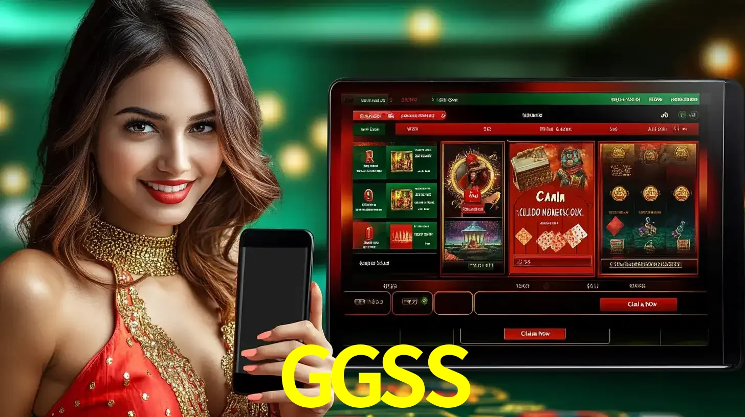 Mulher sorridente segurando um smartphone, ao lado de uma tela exibindo o lobby de jogos do cassino online GGSS, com várias opções de jogos de cartas e slots.